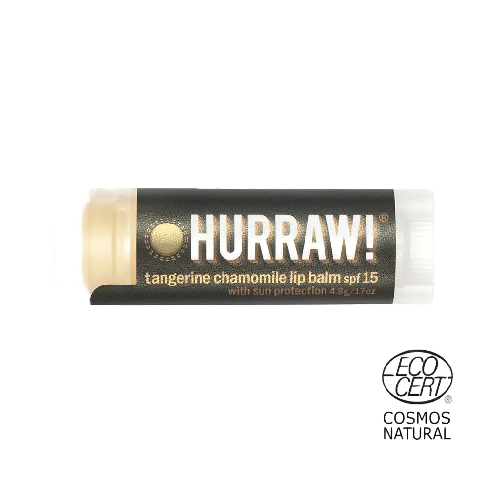 Bálsamo labial protector solar Hurraw SPF 15 de mandarina y manzanilla con sello Ecocert Cosmos Natural.