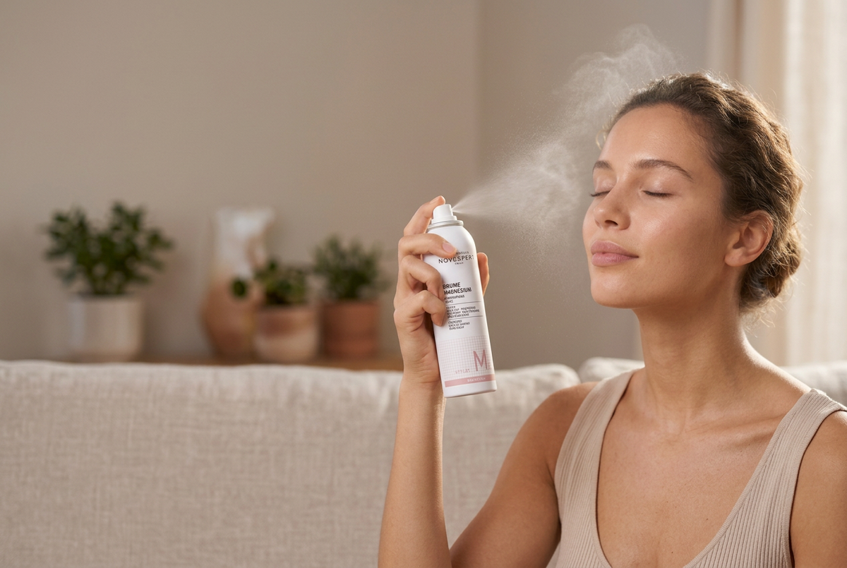 Mujer con los ojos cerrados aplicándose la bruma facial de magnesio de Novexpert para refrescar y calmar la piel del rostro.