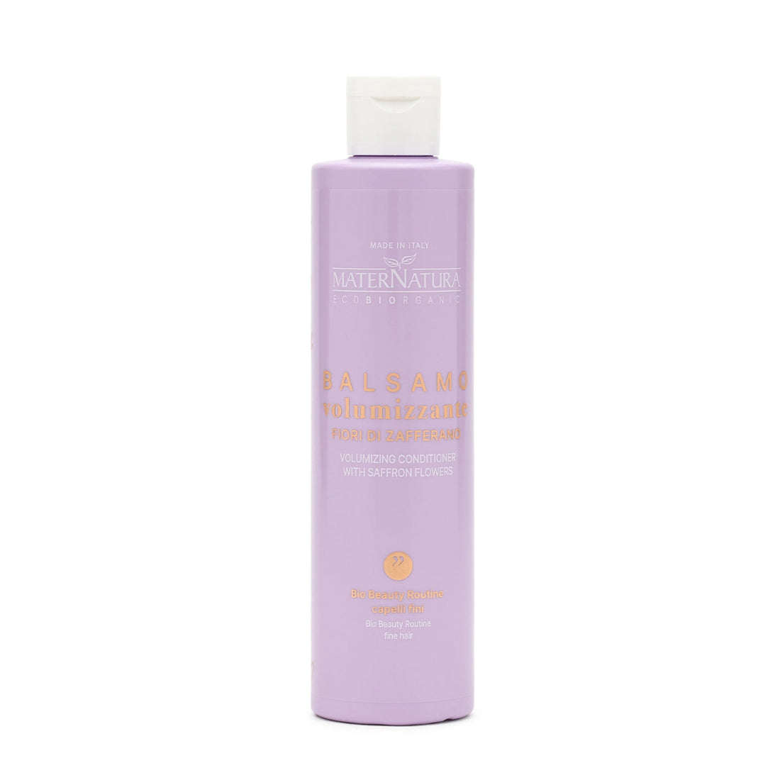 Envase lila del Acondicionador Volumizante  de azafran MaterNatura para cabello fino.