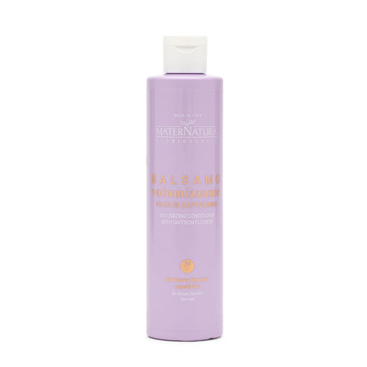 Envase lila del Acondicionador Volumizante  de azafran MaterNatura para cabello fino.