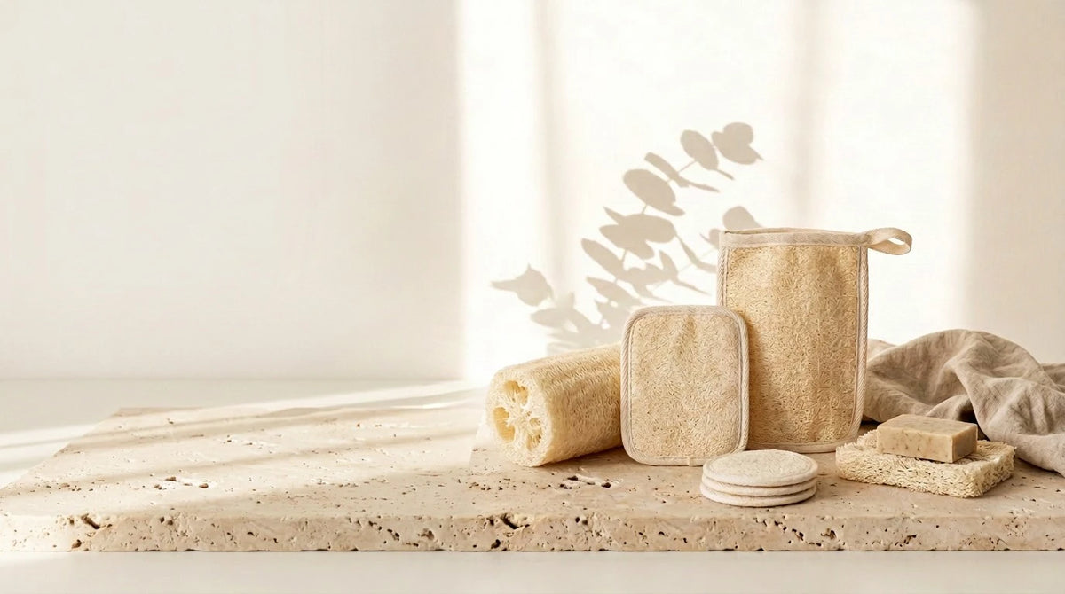 Fotografía de producto estilo spa para banner de tienda online con productos de lufa natural Iberluffa, incluyendo una esponja cuadrada con asa, discos exfoliantes y jabón sólido sobre una mesa de piedra con sombras de hojas de eucalipto