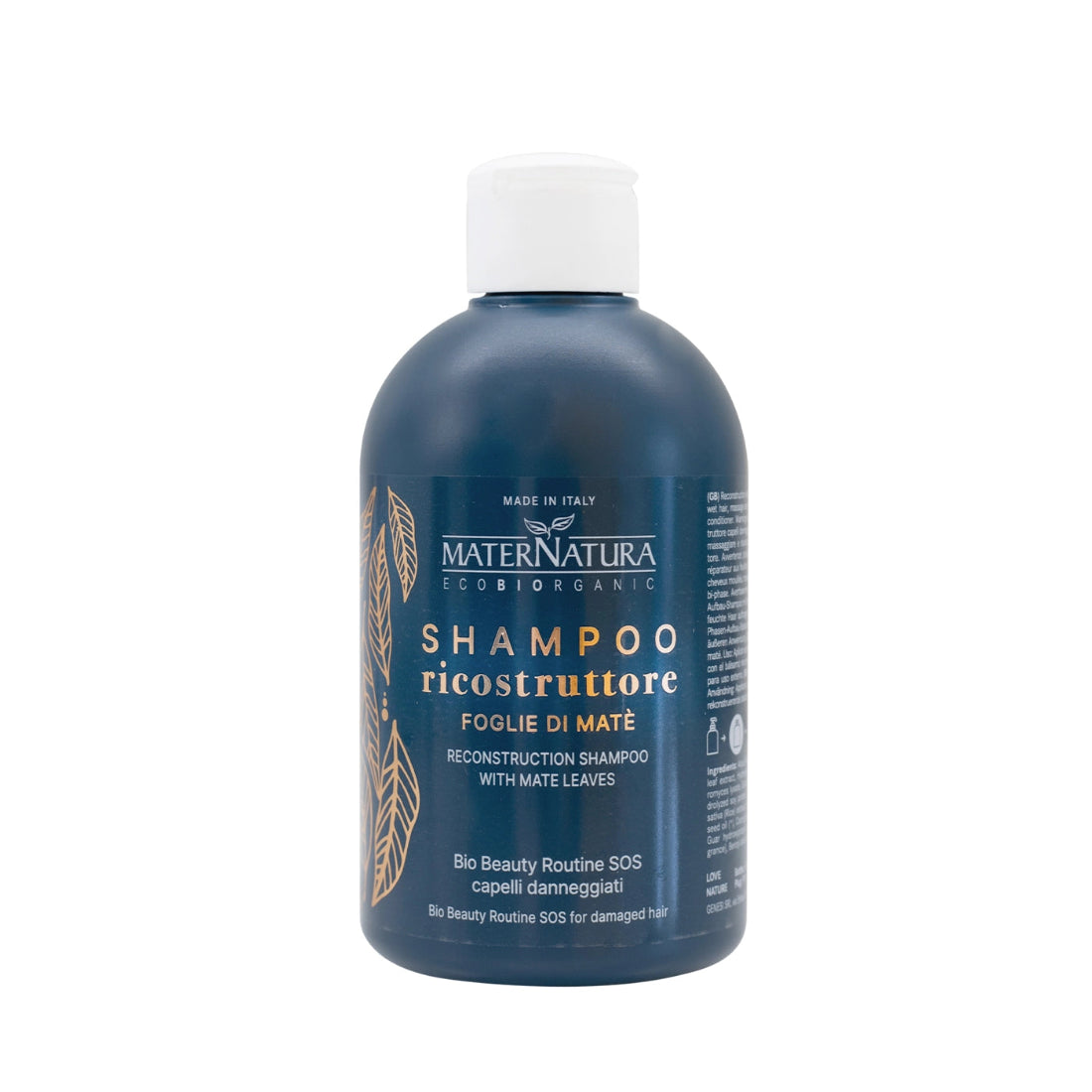 Envase azul del Champú Reconstructor con Hojas de Mate de MaterNatura para la rutina SOS de cabello dañado.
