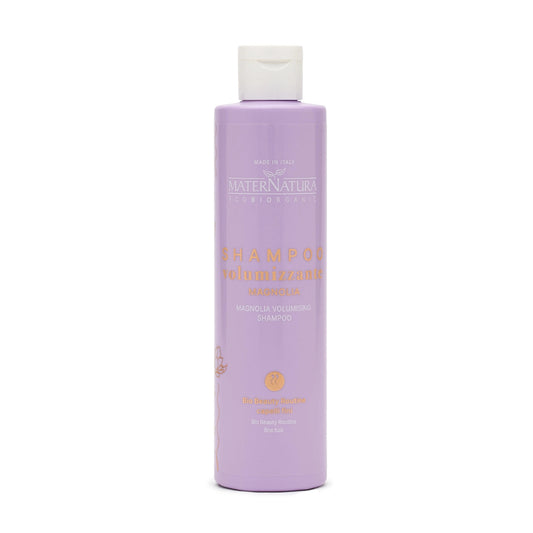 Envase lila del Champú Volumizante con Magnolia de MaterNatura para el cuidado del cabello fino.