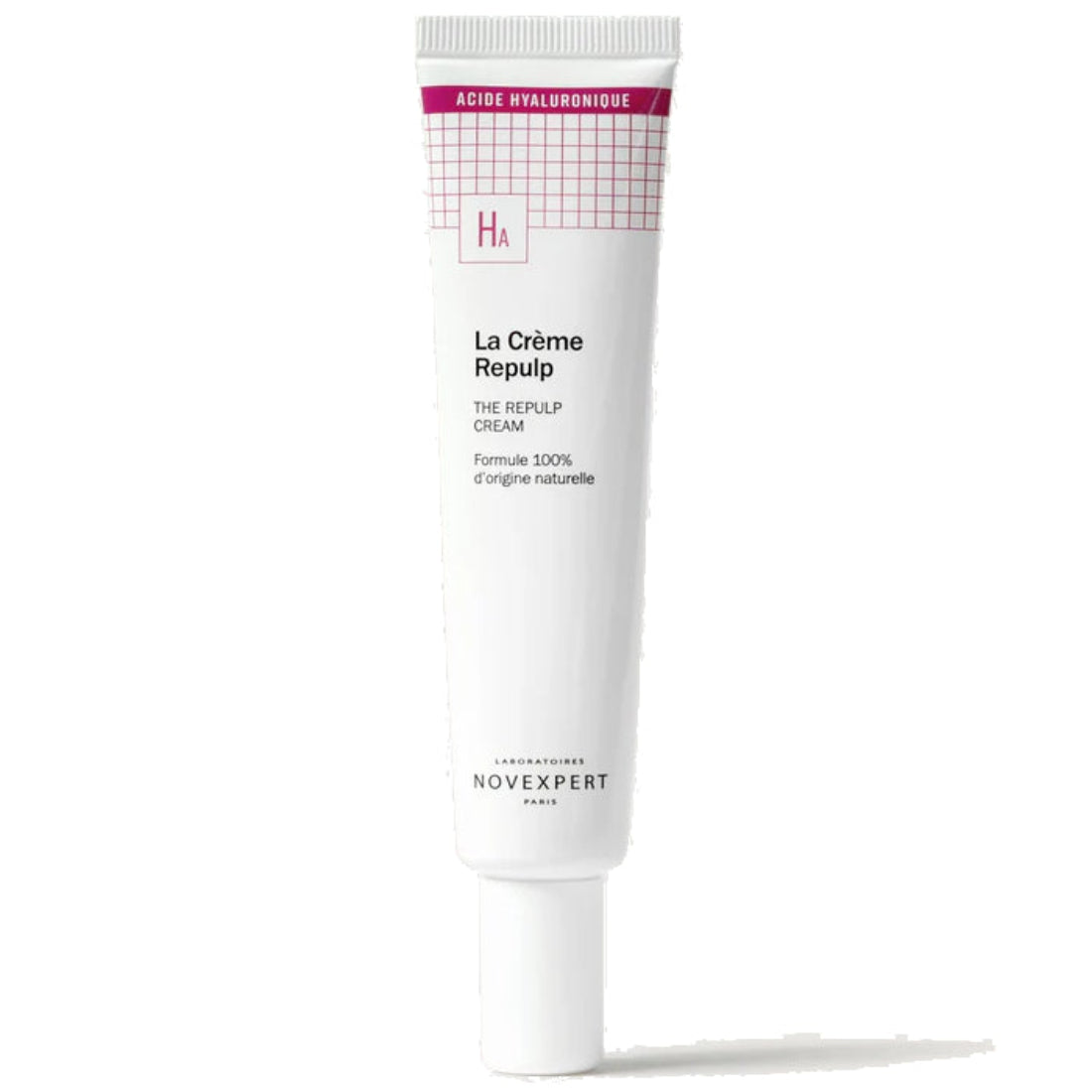 Primer plano de la crema facial antiarrugas La Crème Repulp de Novexpert con Ácido Hialurónico sobre fondo blanco.