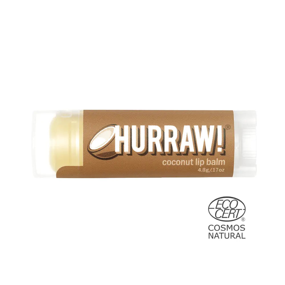 Bálsamo labial de coco natural y vegano de la marca Hurraw con certificación Ecocert Cosmos Natural.