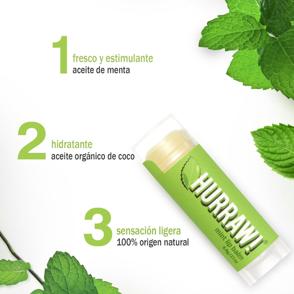 Infografía del bálsamo labial Hurraw de menta destacando el aceite de menta, aceite de coco orgánico y origen 100% natural.