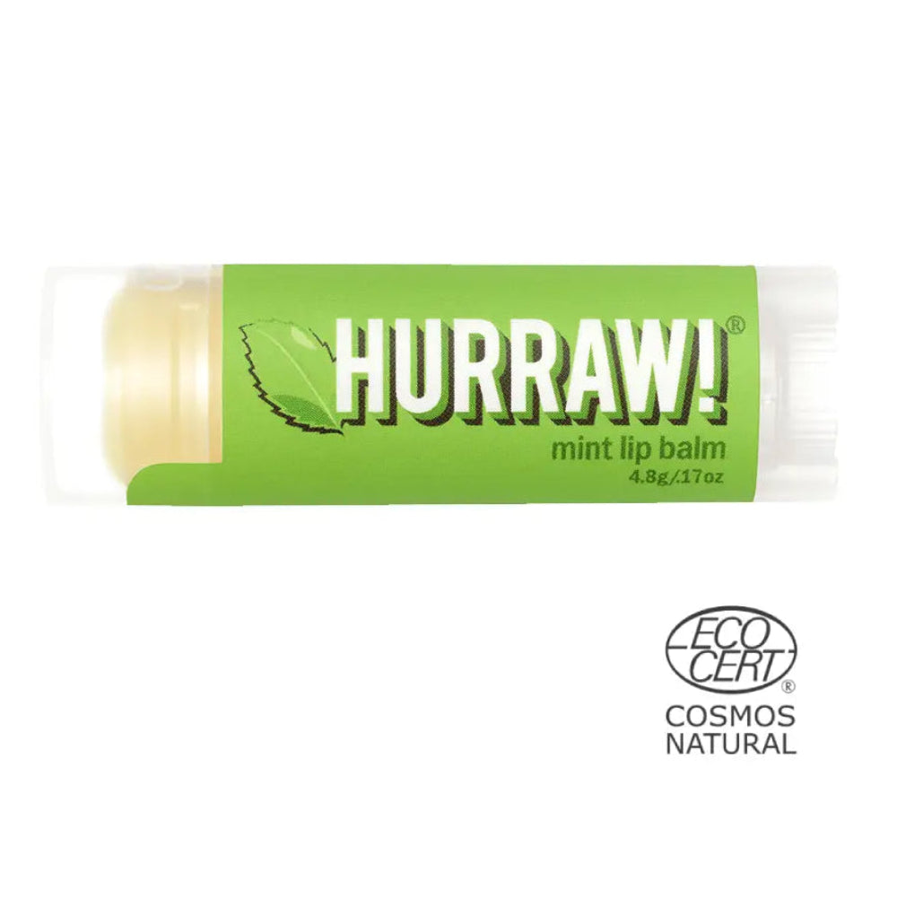 Bálsamo labial vegano de menta de la marca Hurraw con certificación Ecocert Cosmos Natural.