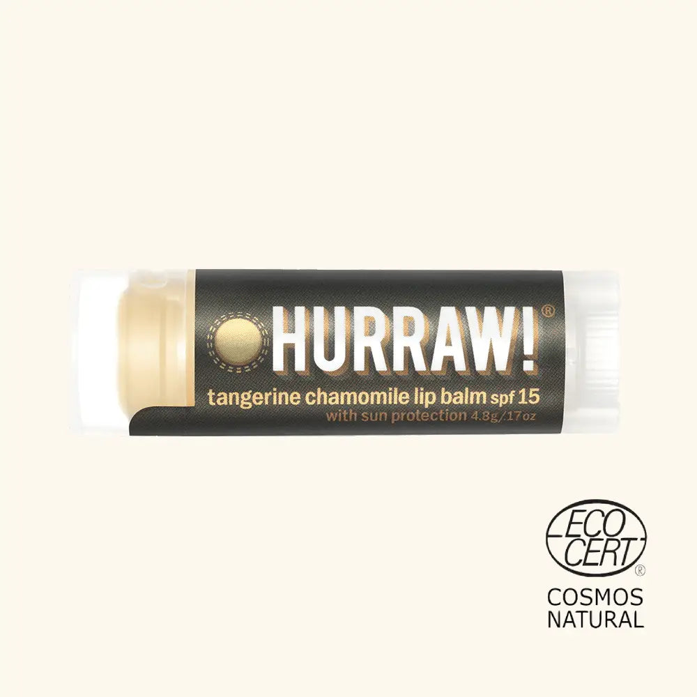 Bálsamo labial protector solar Hurraw SPF 15 de mandarina y manzanilla con sello Ecocert Cosmos Natural.