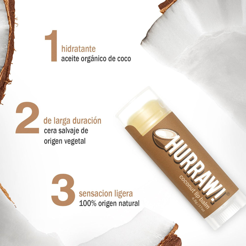 Infografía de los beneficios del bálsamo labial de coco Hurraw: 1 hidratante con aceite orgánico de coco, 2 larga duración con cera salvaje vegetal y 3 sensación ligera 100% natural.