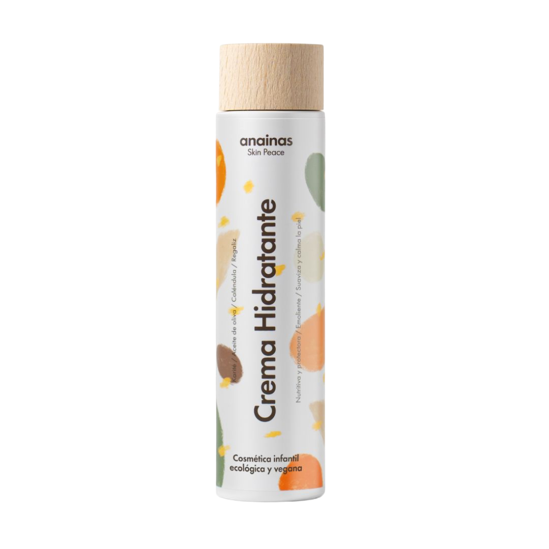 Bote de crema hidratante infantil ecológica y vegana de la marca Anainas con fondo transparente.