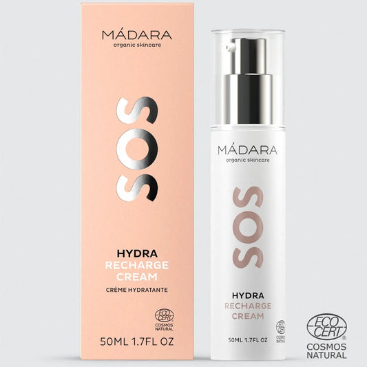 crema hidratante MÁDARA SOS Hydra Recharge Cream de 50ml con su caja y sello de certificación EcoCert Cosmos Natural