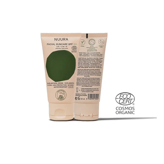 Crema solar facial fluida con color SPF 50 de Nuura en envase sostenible