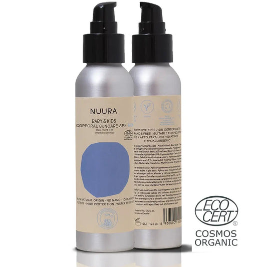 Protector solar mineral infantil SPF50 Nuura en envase de aluminio de 125ml frente y dorso con sello Ecocert Cosmos Organic