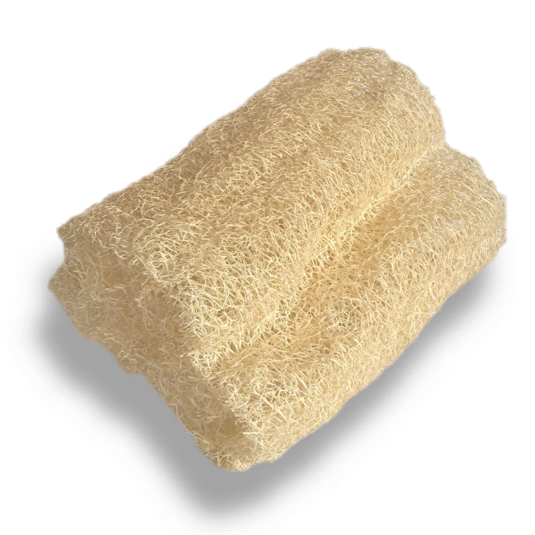 Primer plano de una esponja de luffa orgánica y vegetal de la marca Iberluffa con fondo transparente, mostrando su textura natural para exfoliación corporal.