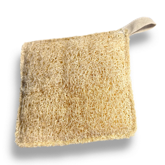 Esponja vegetal de lufa natural con forma cuadrada y asa de tela blanca sobre fondo transparente