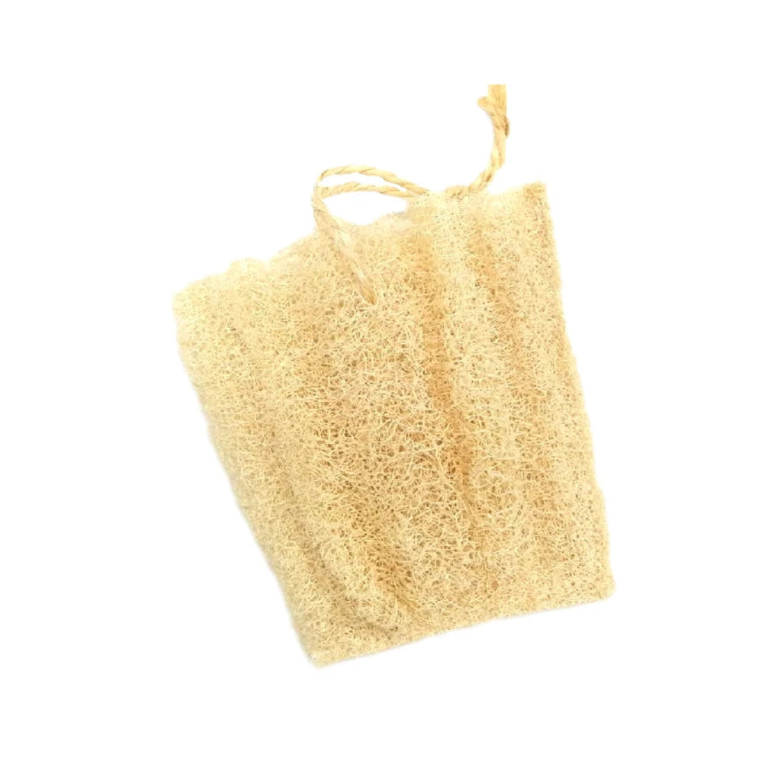 Saquito de lufa vegetal natural con cordón ajustable para guardar y usar pastillas de jabón sólido sobre fondo blanco.