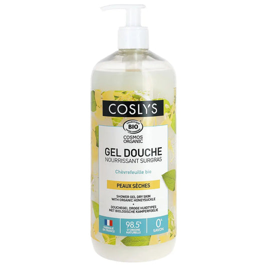  Gel de ducha nutritivo extragraso de madreselva marca Coslys para pieles secas en envase de 1 litro.