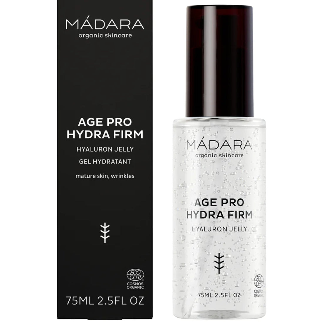 Gel hidratante de ácido hialurónico Mádara Age Pro Hydra Firm con su caja.