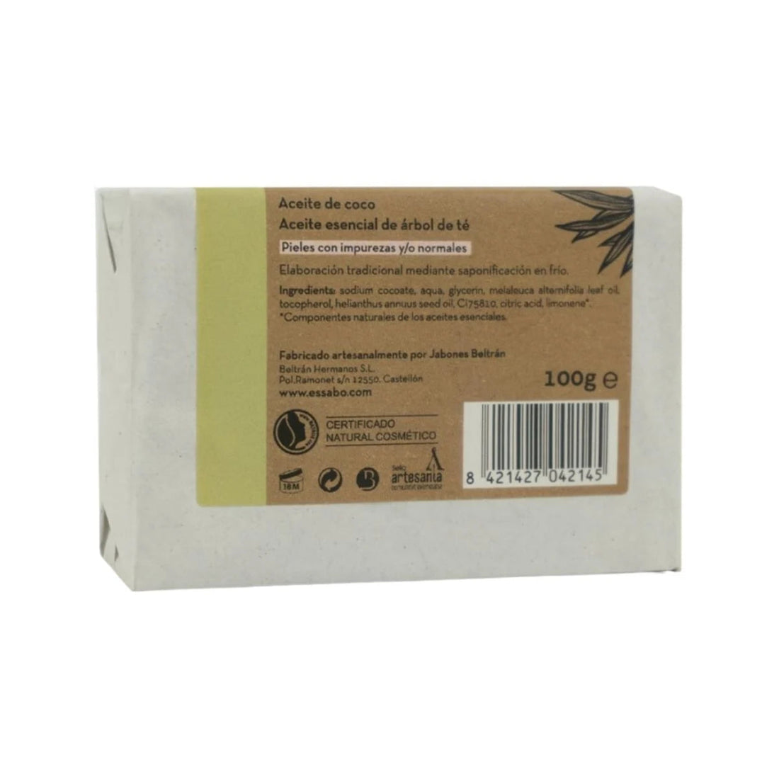 Contraetiqueta del jabón artesanal Essabó Árbol de Té con sello cosmético natural certificado.