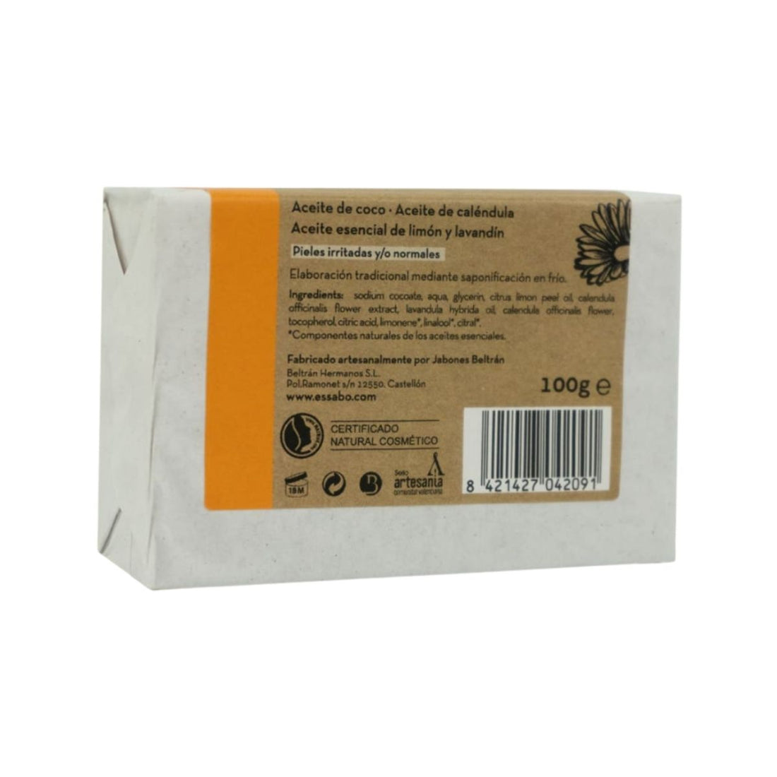 Detalle del INCI y certificado cosmético natural del jabón artesanal de caléndula Essabó.