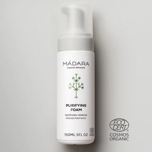Bote de Espuma Limpiadora Purificante de Mádara Organic Skincare de 150ml con certificado EcoCert Cosmos Organic