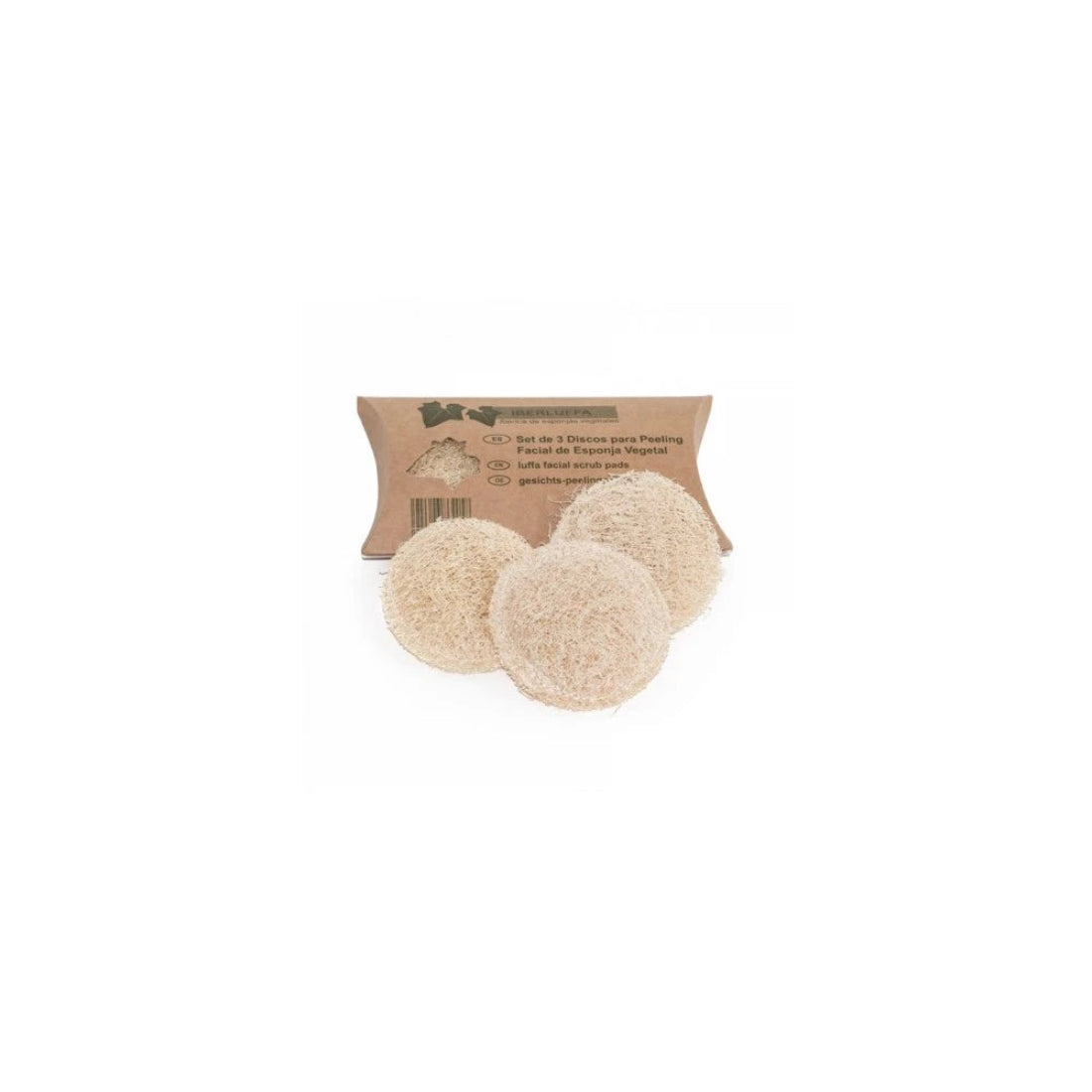 Pack de discos exfoliantes faciales de luffa natural de Iberluffa con su embalaje de cartón Kraft sostenible en Piperita Bio.