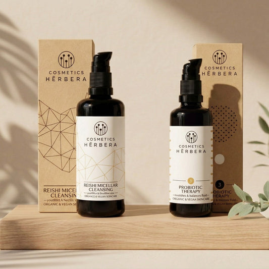 Pack de cosmética organica de la marca Herbera con limpiador Reishi Micellar Cleansing e hidratante Probiotic Therapy sobre base de madera con fondo beige.