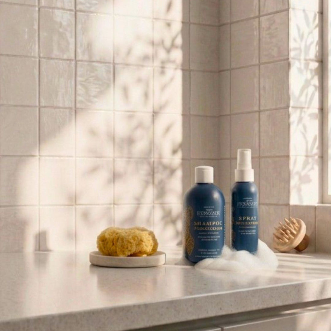 Set de dos productos capilares de Maternatura, champú reconstructor con hojas de mate y spray c3 aminoácidos en un baño luminoso sobre encimera de piedra, acompañado de una esponja natural y un cepillo de madera.