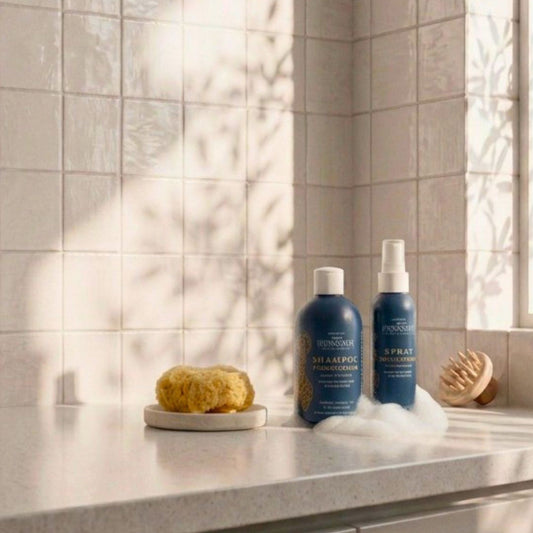 Set de dos productos capilares de Maternatura, champú reconstructor con hojas de mate y spray c3 aminoácidos en un baño luminoso sobre encimera de piedra, acompañado de una esponja natural y un cepillo de madera.