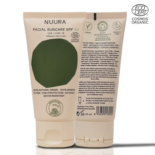 Protector solar facial mineral Nuura SPF 50 en envase sostenible de 50ml vista frontal y trasera.
