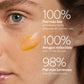 Textura del sérum de Vitamina C de Novexpert en el rostro de una modelo con datos de resultados: 100% piel más lisa, 100% arrugas reducidas y 98% piel más luminosa.