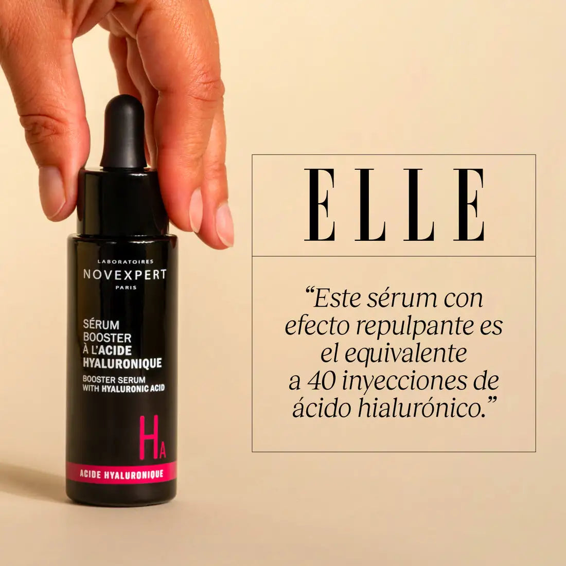 Recorte de prensa de la revista ELLE destacando y recomendando el Sérum Booster con Ácido Hialurónico de Novexpert.