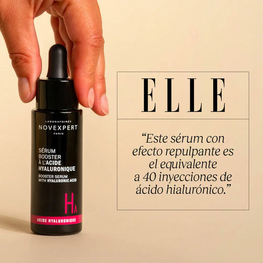 Recorte de prensa de la revista ELLE destacando y recomendando el Sérum Booster con Ácido Hialurónico de Novexpert.