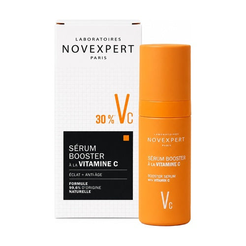 Caja blanca y frasco naranja del Sérum Booster con Vitamina C al 30 por ciento de Laboratorios Novexpert París en tamaño de 30 mililitros.