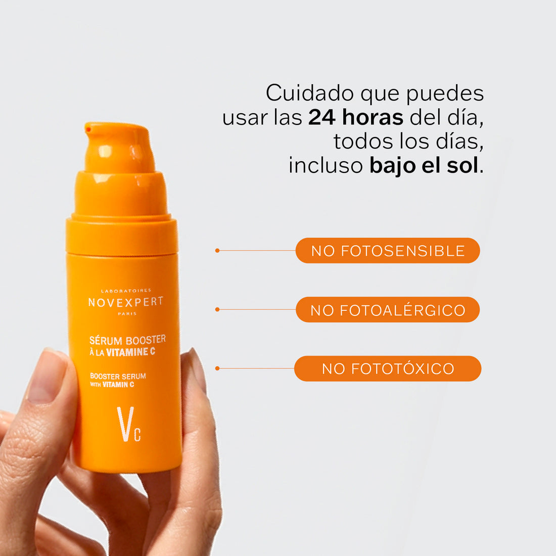 Infografía del Sérum Booster de Vitamina C de Novexpert que indica que se puede usar bajo el sol por ser no fotosensible, no fotoalérgico y no fototóxico.