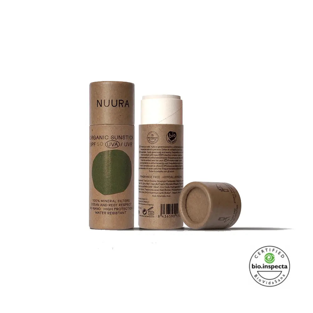 Stick solar facial mineral Nuura SPF 50 sin color en envase de cartón con certificado Bio Vida Sana Bio Inspecta.