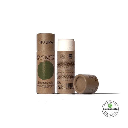 Stick solar facial mineral Nuura SPF 50 sin color en envase de cartón con certificado Bio Vida Sana Bio Inspecta.