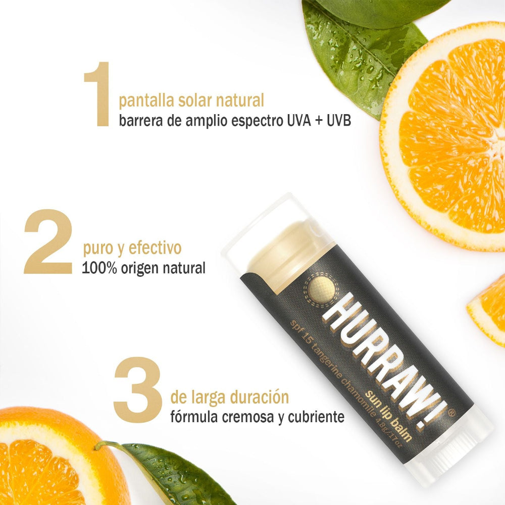 Ingredientes naturales del bálsamo labial protector solar Hurraw SPF 15 con mandarina y manzanilla.