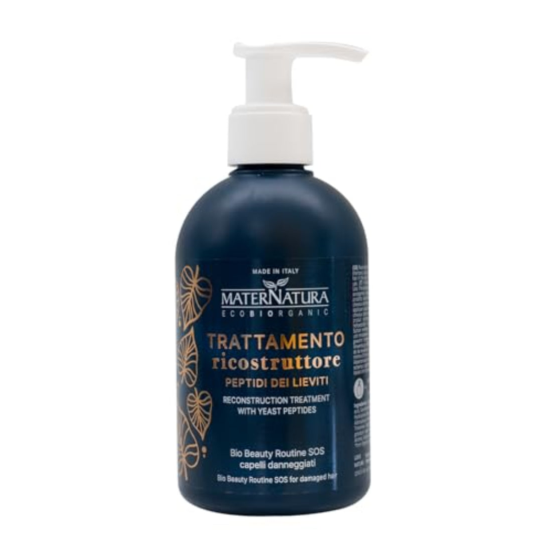 Botella azul con dispensador del Tratamiento Reconstructor con Péptidos de Levadura de MaterNatura, diseñado para cabello dañado.